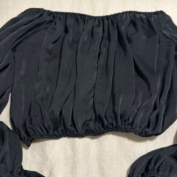 Favlux Fashion Black Silk Strapless Cropped Bubble Sleeve Top - Size Medium - Picture 3 of 5